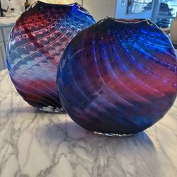 Signed Dan Bergman Art (2) Glass Disc Vases