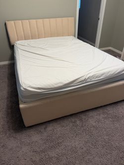 Beige Upholstered Platform Bed Frame with trundle