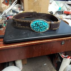 Leather Belt Turquoise  Color Stones On Fancy Buckles Size Small  Very Nice