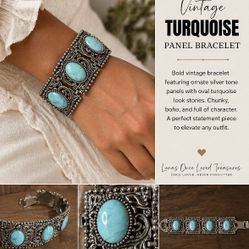 Bold vintage statement bracelet featuring ornate silver-tone panels with turquoise-look stones. Chunky, eye-catching, and full of boho western charm. 