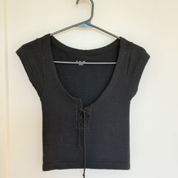 Out From Under Black Waffle Knit Lace-Up Crop Top M/L