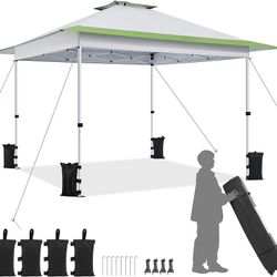 13x13 Pop Up Canopy Tent, Straight Leg Easy Single Person Set-up Folding Shelter w/Extending Eaves w/Rolling Storage Bag & Sandbags for Garden, Patio,