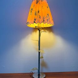 Vintage Whimsical Metal Leaves Long Stem Table Lamp With Floral Pleated Paper Lampshade