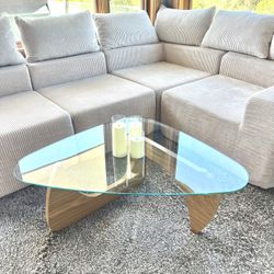 Modern Oval Glass Coffee Table – Wood Base