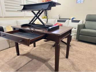 Wooden desk + adjustable height computer desk