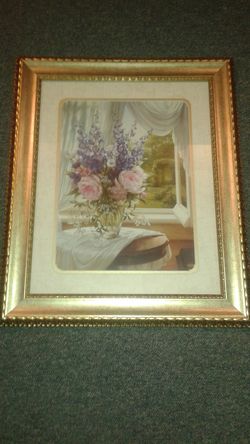 Vintage Home Interiors Framed Picture Flower Vase on Table