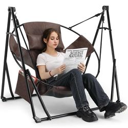 3 in 1 Portable Hammock with Steel Stand,Foldable PU Leather Swing Chair,6-Level Standing Hammocks Included Carrying Bag,Side Pocket,Pillow,for Outsid