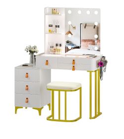 Makeup Vanity Desk Set with Mirror, LED Lights and Charging Station, White