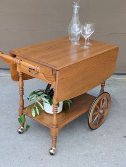 Vtg MCM CottageCore Rustic Drop Leaf Bar Cart Table