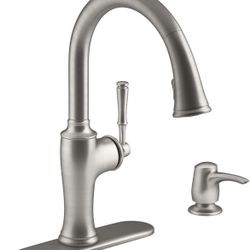 Kohler Cardale R72247-SD-VS Pull-Down Kitchen Faucet with a soap dispenser in a vibrant stainless finish.