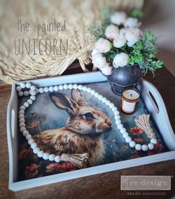 Decorative Wooden Tray with Rabbit Artwork