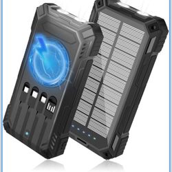 Solar Power Bank 49800mAh - Wireless Portable Charger 15W Fast Charging with 4 Built-in Cables. Equipped with a Powerful Flashlight, IP65 Outdoor Wate