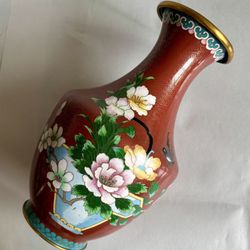 Vintage Chinese Red Cloisonné Flower And Bird Vase 