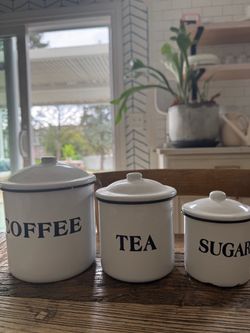White & black enamelware coffee tea sugar storage containers