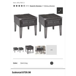 Ashley Rustic Industrial Solid Wood Side Table Set Of Two USB Outlet 