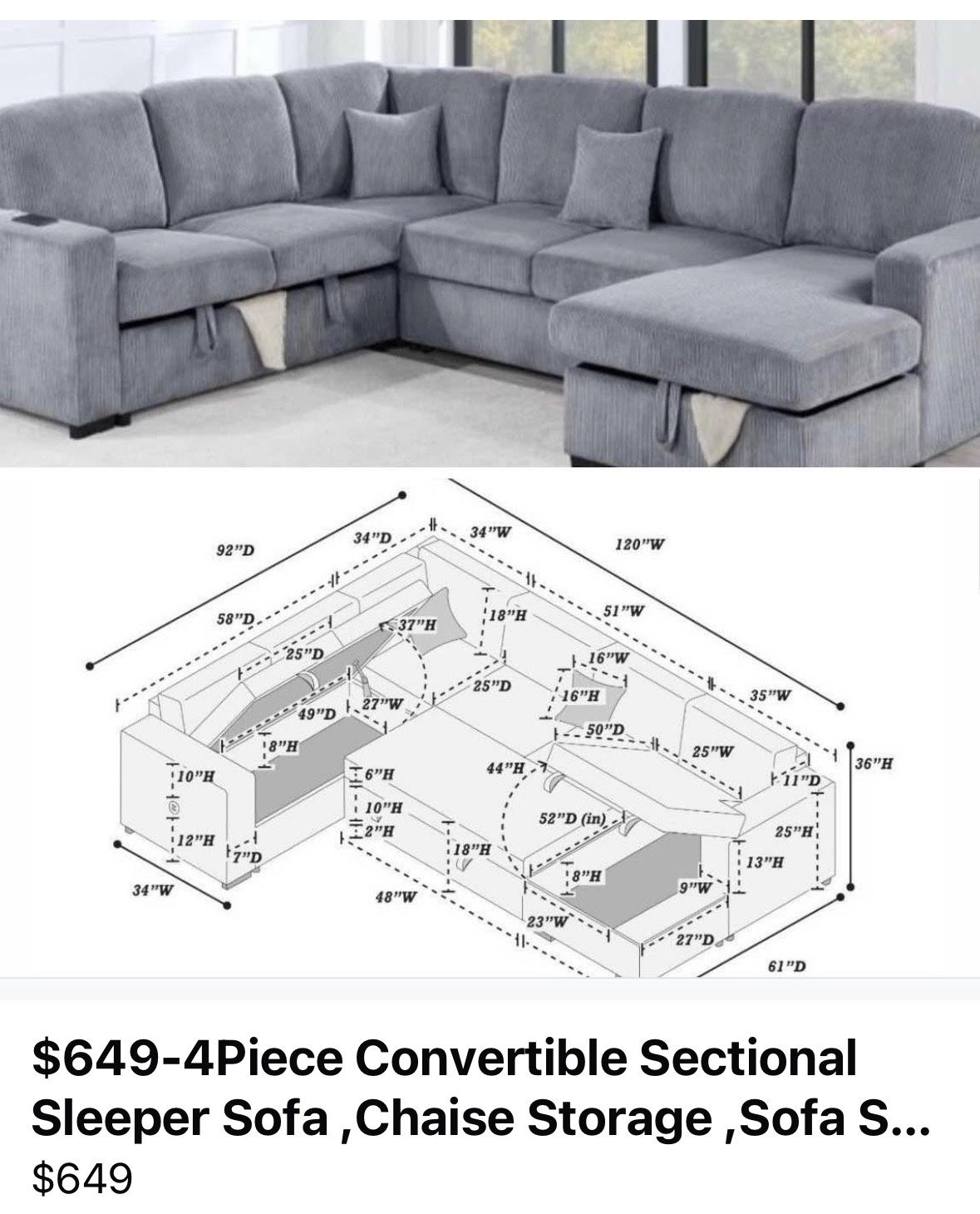 $649-4Piece Convertible Sectional  Sleeper Sofa ,Chaise Storage ,Sofa Storage & USB Ports 98” x 103” x 61” x36”H