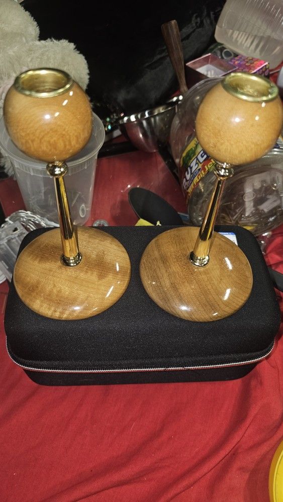Vintage Oregon Myrtlewood candle holders with brass accents.