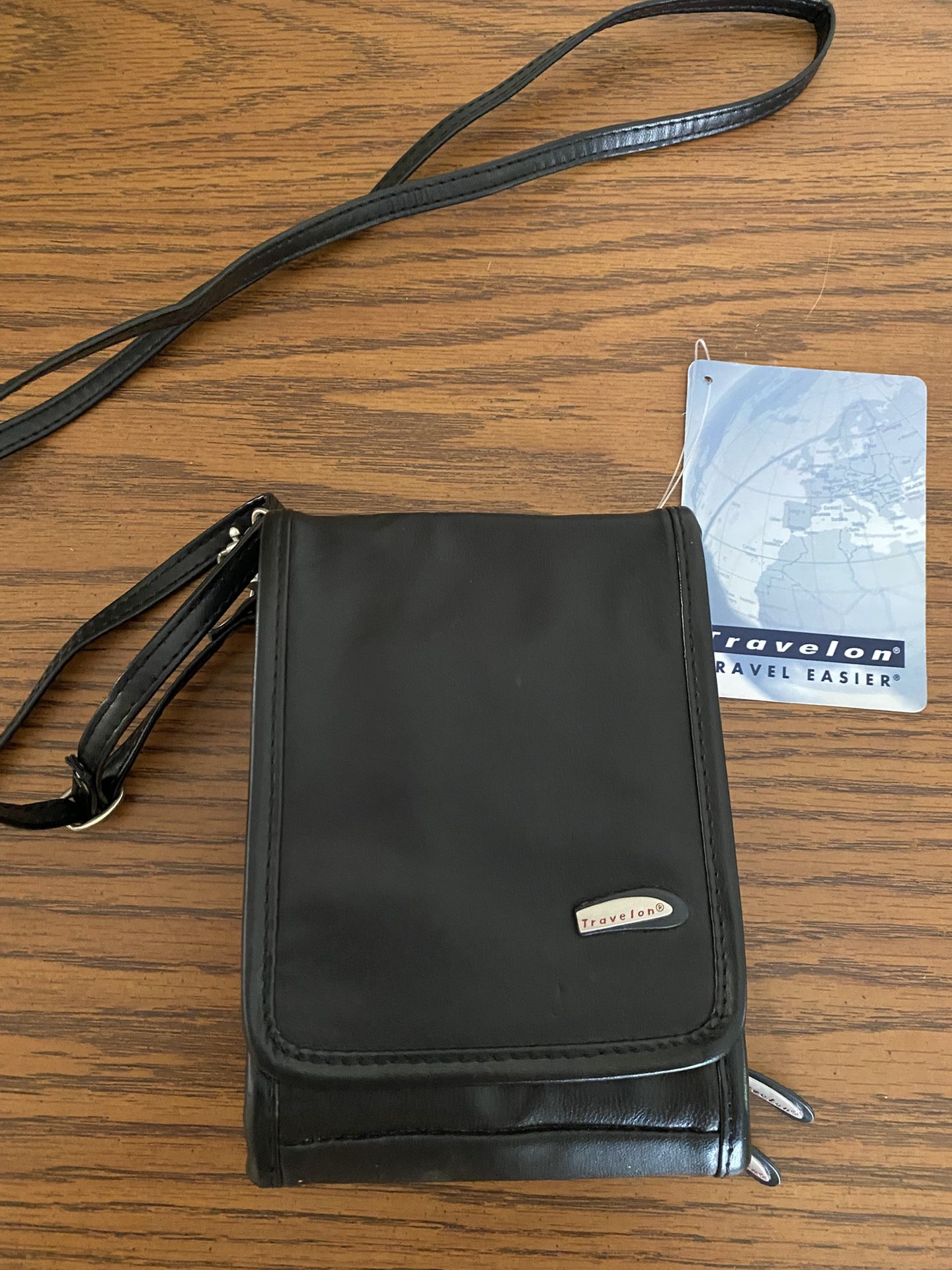 NWT Travelon Black Leather Crossbody Bag With Adjustable Strap