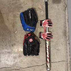 Baseball Bat,  Two  12 Inch Gloves, Bat and Batting Gloves 