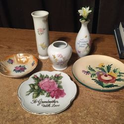 Lot Of Six Vases Plates Bowl Grandmother Flowers And Butterflies