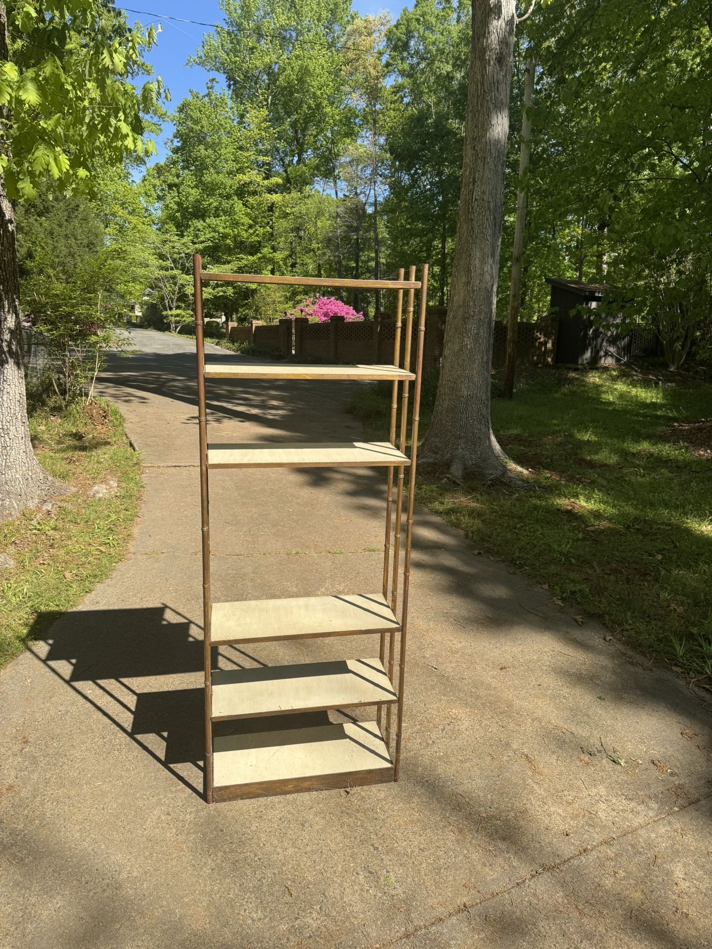 Gilt Faux Bamboo Iron Etagere Display Shelves. Mid Century furniture