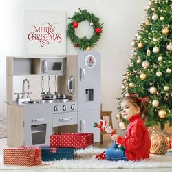 Wooden Kitchen Playset for Kids, Toddlers Upright Toy Play Kitchen w/Phone, Stove, Oven, Sink, Microwave, for Preschoolers, Age 3+ Years (Gray)