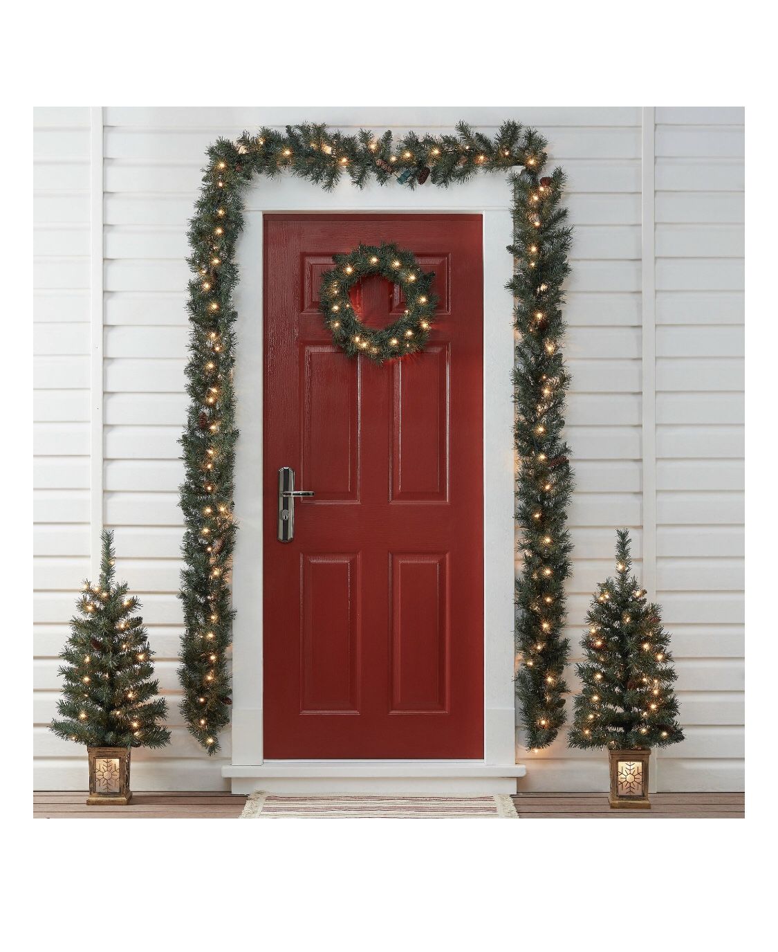 Holiday Pre-Lit Christmas Tree Entryway Set, White Lights, Green Color, 5 Pieces