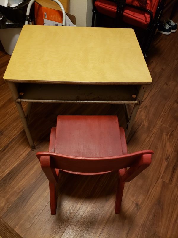 Old Time School Desk With Front Opening And Wooden Chair For Sale