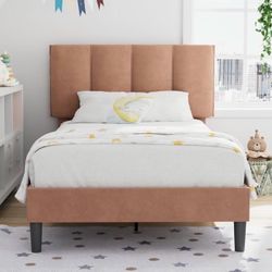 Twin Size Bed Frame with Upholstered Headboard, Heavy-Duty Bedframe with Wooden Slats & Steel Framework, Easy Assembly, Coffee