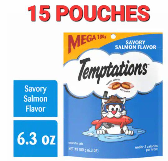 (15) Mega 180g Temptations Savory SALMON Crunchy Soft Cat Treats Food 6.3 Oz

This product is a 180g pack of Temptations cat treats in the flavor of s