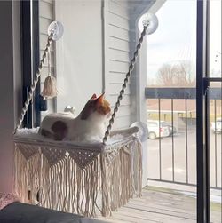 Macrame Cat Window Perch Boho Hammock with Screw Suction Cups Wall Mounted Pet Resting Seat Bed for Indoor