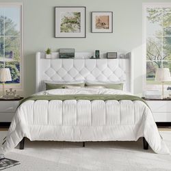 Queen Size Platform Bed Frame with Charging Station, Velvet Wingback Headboard with Storage Shelf, Wooden Slats Support, Ample Under-Bed Space, No Box