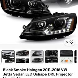 Black -SMOKE- Halogen 2011-2018 VW Jetta Sedan LED Ushape DRL Projector Headlights
