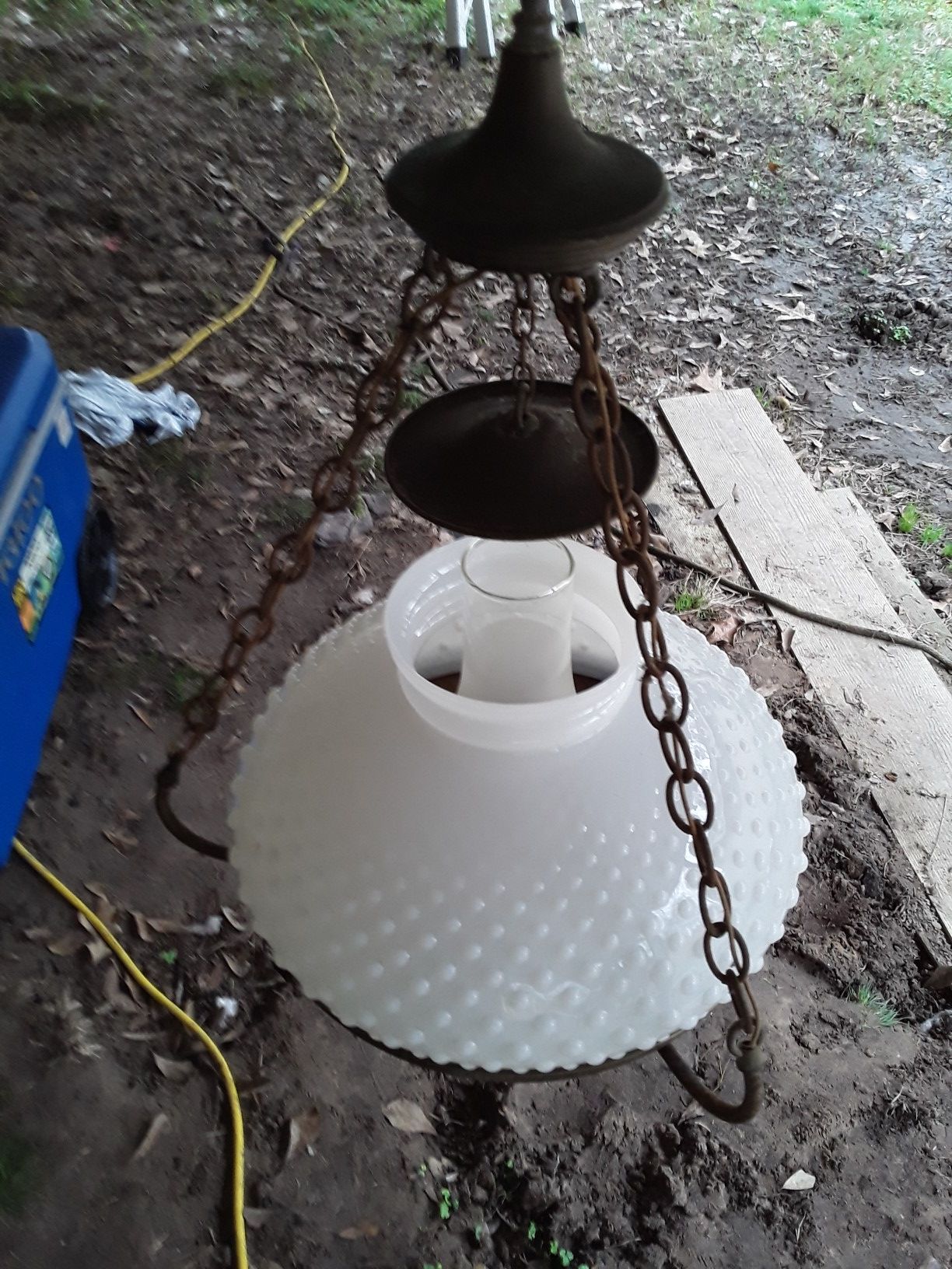 Vintage hobnail fenton? milk glass hanging brass ceiling lamp