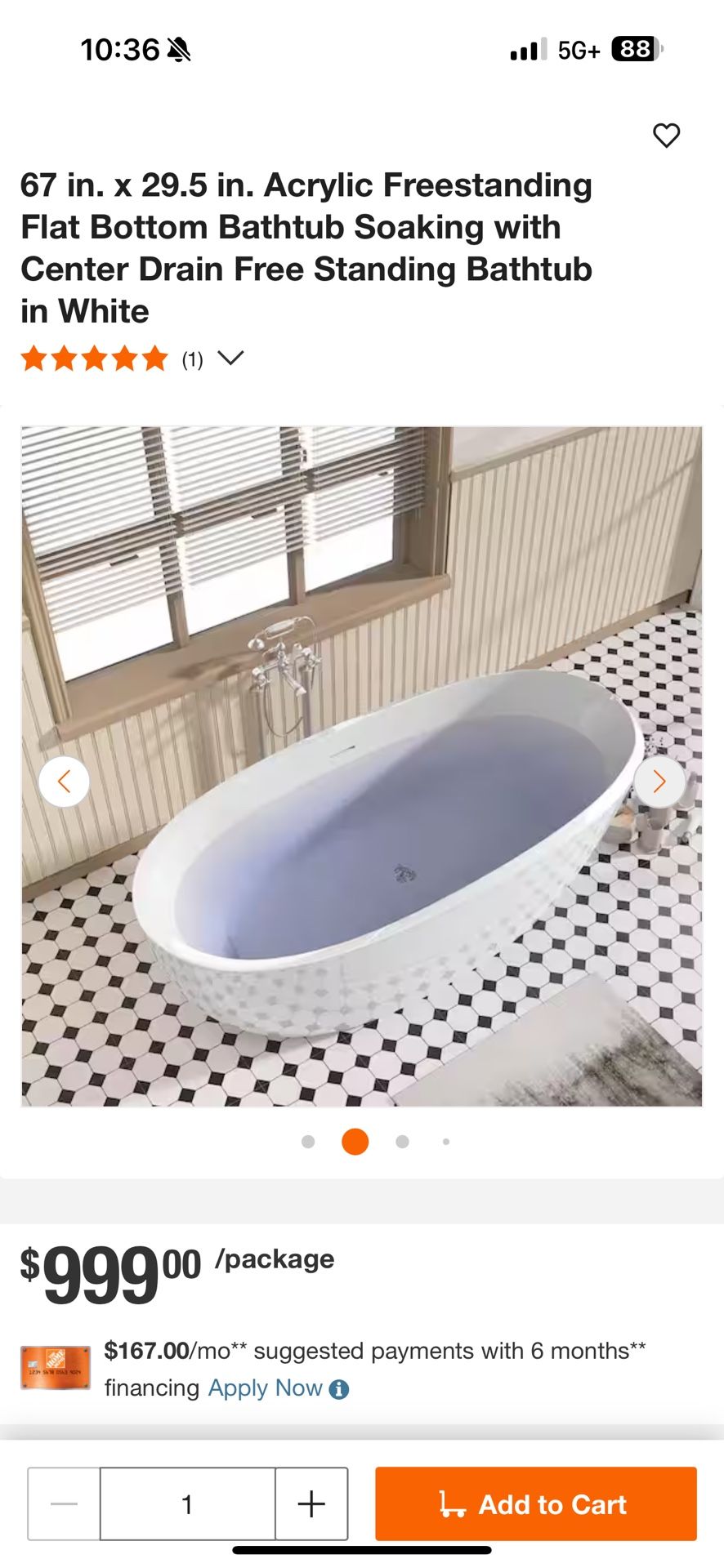 65 in. x 29.5 in. Acrylic Freestanding Flat Bottom Bathtub Soaking with Center Drain Free Standing Bathtub in White