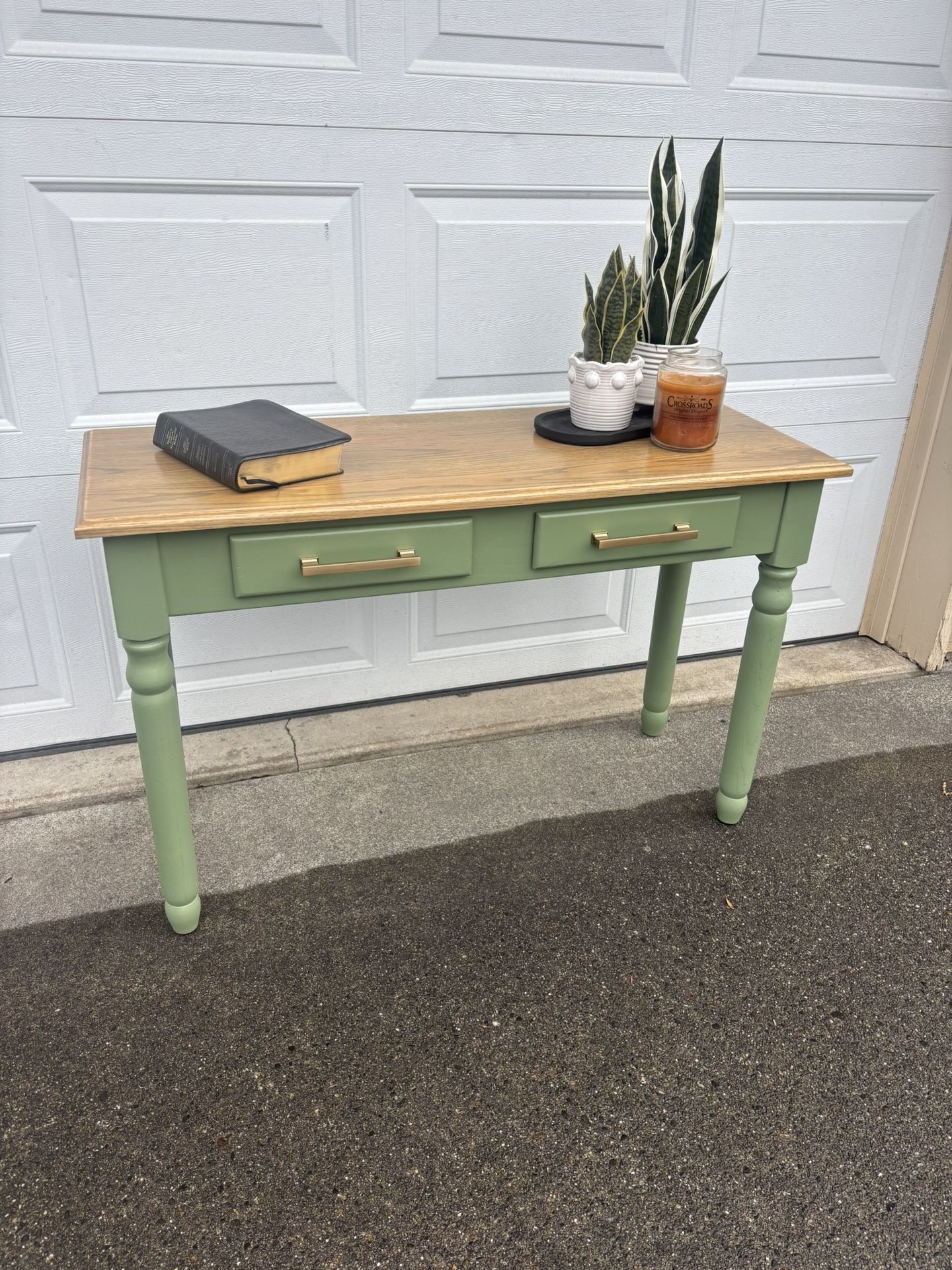 Green Oak Table with Champagne Gold Accents