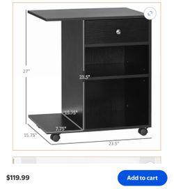 Black Rolling C-Shaped Side Table with Drawer