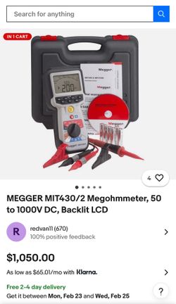 MEGGER MIT430/2 Megohmmeter, 50 to 1000V DC, Backlit LCD