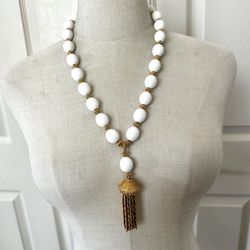 Crown Trifari White Lucite And Gold Tone Tassel Necklace 