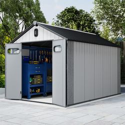 8x14Ft Resin Outdoor Storage Shed, Plastic Garden Shed with Carpet, Outside Weatherproof Storage Building for Tools, Bike, Lawn Mower, Patio, Backyard