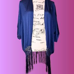 Satin Polyester Cardigan Duster Top Fringe Kimono Size Medium