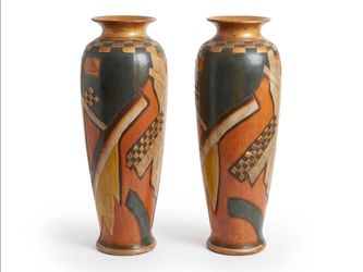 VINTAGE BIG PAIR OF VASES FROM SPAIN CERAMIC 35 "HIGH .HAND PAINTING