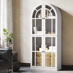2382b $120  Arched Bookcase,71’’Tall Arched Cabinet with Glass Door Drawers and Shelves, Kichen China Pantry for Living Room,Dining Room (White)  Eleg
