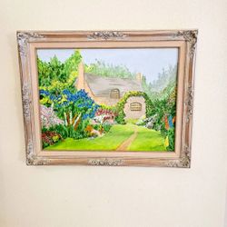 Framed Cottage and Greenery Painting Signed