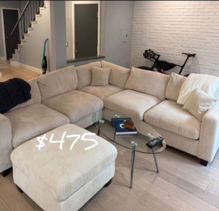 Beautiful! Sectional Sofa With Ottoman Ivory Corduroy