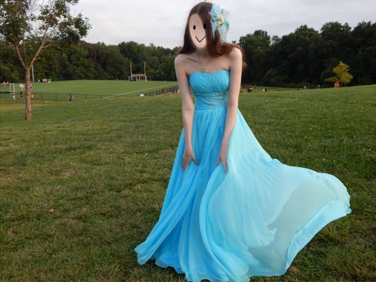 Long, Sleeveless Pool Blue Prom Dress with Cascading Sheer Overskirt