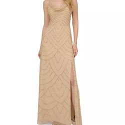 Adrianna Papell Champagne Beaded Maxi Dress Size 8