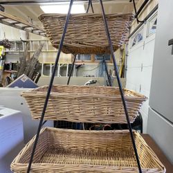 3-Tier Wicker Basket Stand with Black Metal Frame – Farmhouse Kitchen Storage Organizer