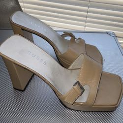 GUESS Tan Open Toe Chunky Heels