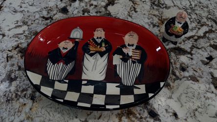 Certified International "Dinner is Served" Platter & Matching French Chef Figurine